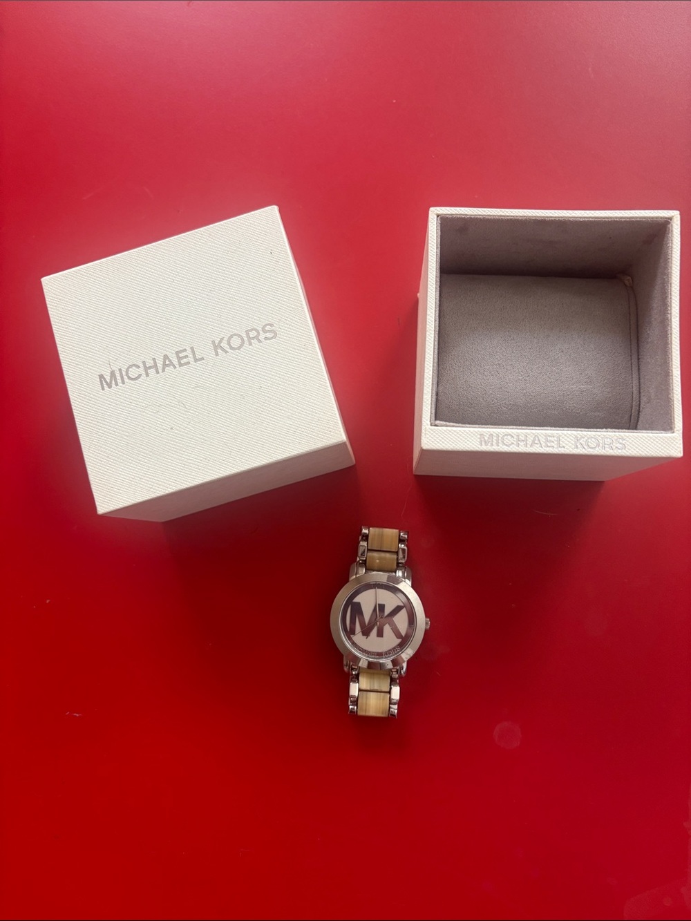 Michael Kors Silver and Beige MK Logo Bracelet Watch